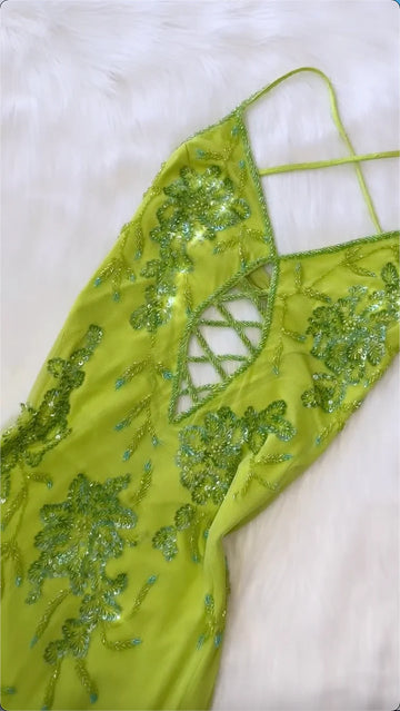 Shiny A Line Spaghetti Strap Sequin Beaded Green Chiffon Open Back Party Dress Evening Dress HZ1023